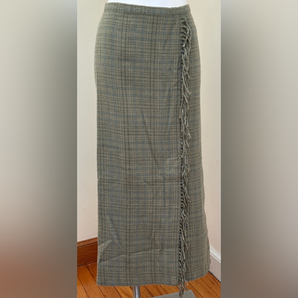 NORTON STUDIO 1970’S Scarf Pleated Olive Green Blue Cream Plaid Skirt Sz 22W's
